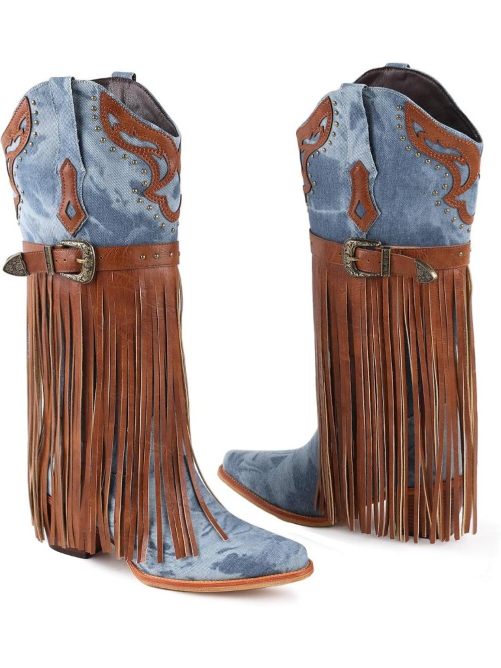 Women's Blue Faux Leather Fringe Western Cowgirl Boots Pointed Toe Chunky Heel - Picture 6 of 7